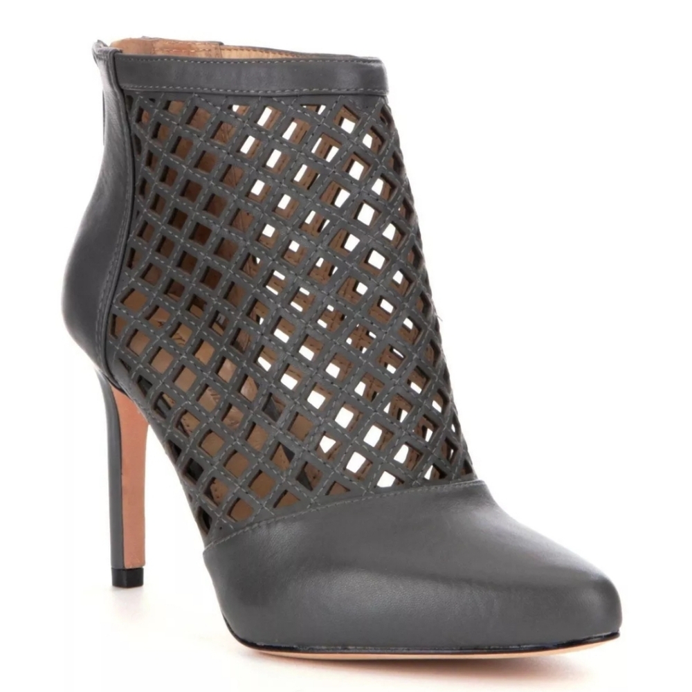 ANTONIO MELANI Gray Leather Heeled Boots with Woven Texture. Size 7